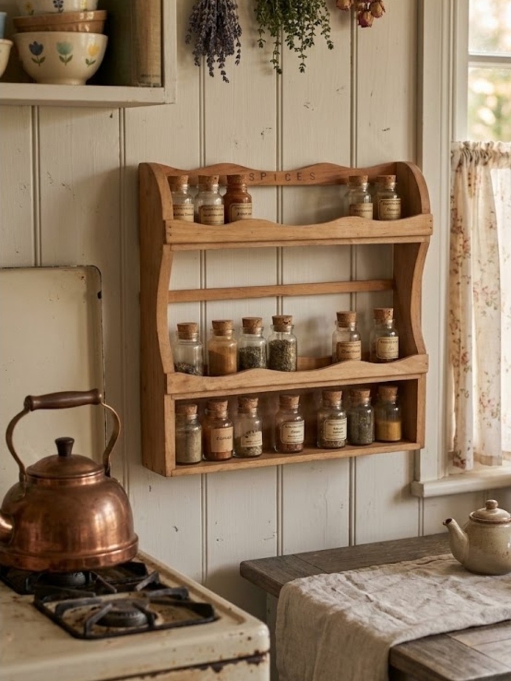Vintage MCM 1970s Wood Spice Rack Shelf Scalloped Edge Farmhouse Boho
